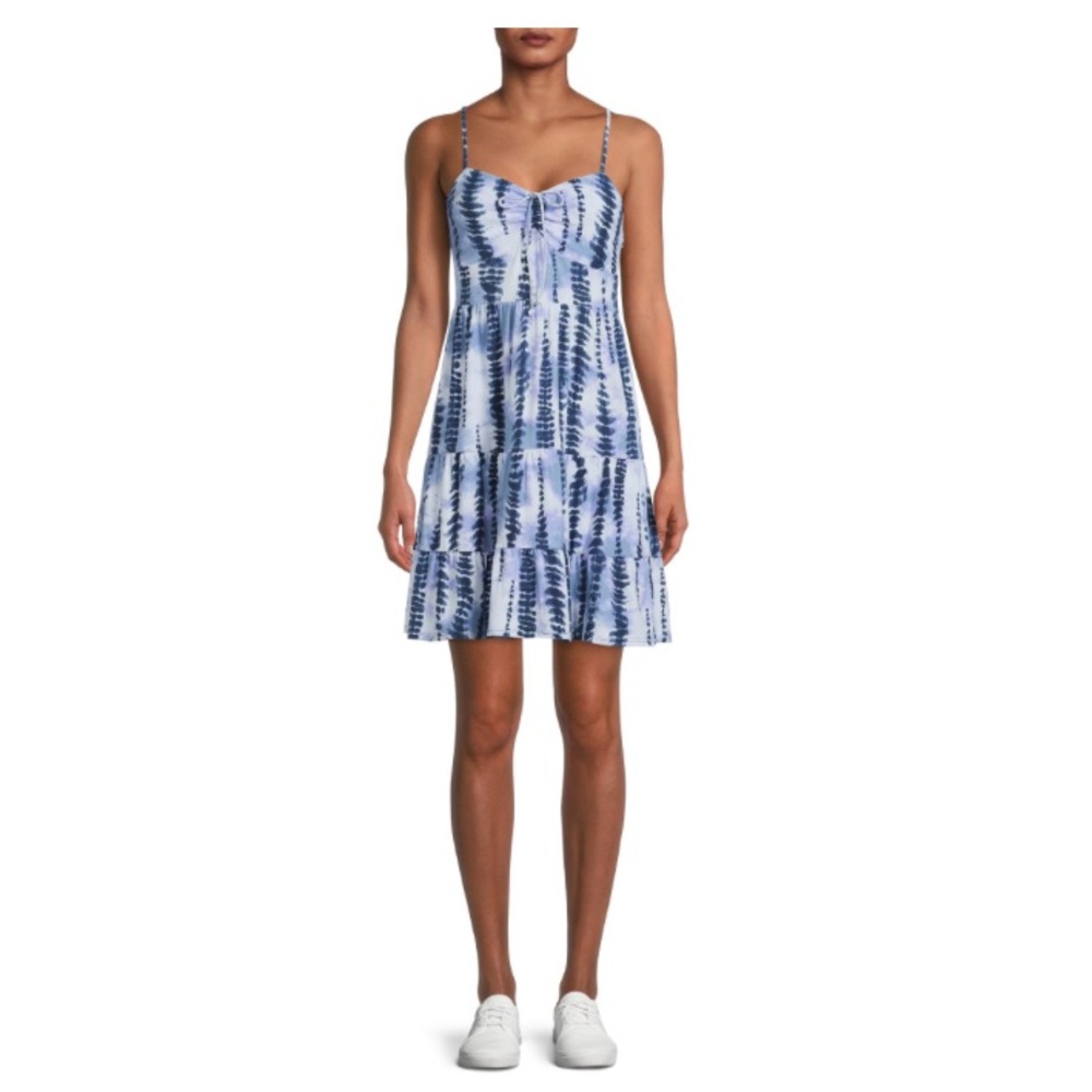 No Boundaries Junior’s Tiered Mini Strappy Sun Tie Dye Dress. Blue. Medi…